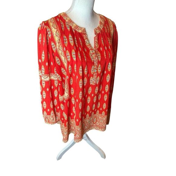 ROSE & OLIVE PEASANT BLOUSE BOHO-CHIC PINTUCK PLEATS RED LONG SLEEVE Sz 2X - Picture 2 of 3